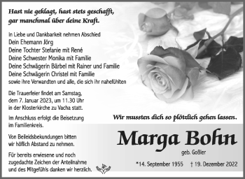 Traueranzeige von Marga Bohn von Südthüringer Presse