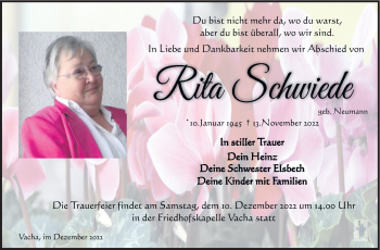 Traueranzeige von Rita Schwiede von Südthüringer Presse