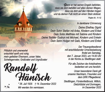 Traueranzeige von Randolf Hänisch von Südthüringer Presse
