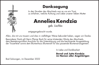 Traueranzeige von Annelies Kendzia von Südthüringer Presse