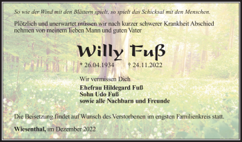 Traueranzeige von Willy Fuß von Südthüringer Presse
