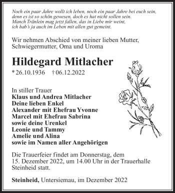 Traueranzeige von Hildegard Mitlacher von Südthüringer Presse