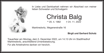 Traueranzeige von Christa Bal von Frankenpost