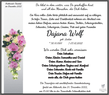 Traueranzeige von Dajana Wolf von Südthüringer Presse