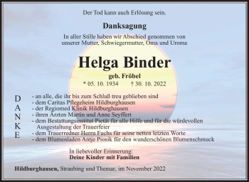 Traueranzeige von Helga Binder von Südthüringer Presse