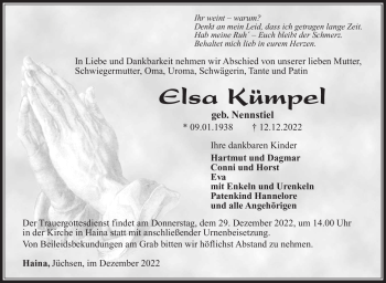 Traueranzeige von Elsa Kümpel von Südthüringer Presse