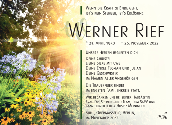 Traueranzeige von Werner Rief von Südthüringer Presse