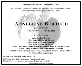 Traueranzeige von Anneliese Bertuch von Südthüringer Presse