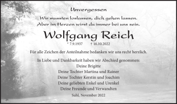 Traueranzeige von Wolfgang Reich von Südthüringer Presse