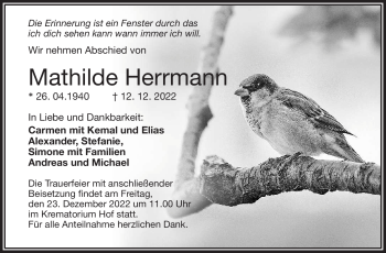 Traueranzeige von Mathilde Hermann von Frankenpost