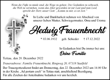 Traueranzeige von Hedwig Frauenknecht von Neue Presse Coburg