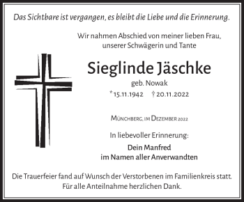 Traueranzeige von Sieglinde Jäschke von Frankenpost