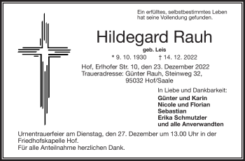 Traueranzeige von Hildegard Rauh von Frankenpost