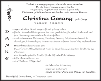 Traueranzeige von Christina Gesang von Südthüringer Presse