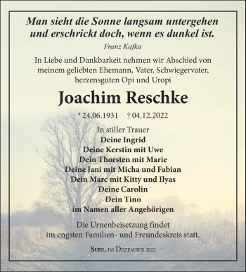 Traueranzeige von Joachim Reschke von Südthüringer Presse