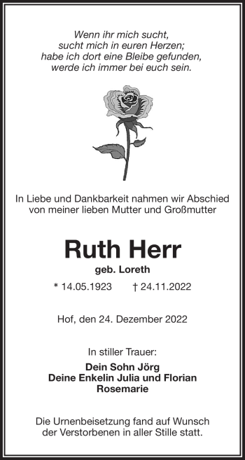 Traueranzeige von Ruth Herr von Frankenpost