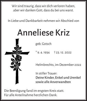 Traueranzeige von Anneliese Kriz von Frankenpost