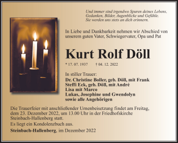 Traueranzeige von Kurt Rolf Döll von Südthüringer Presse