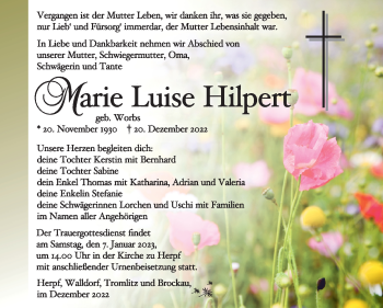 Traueranzeige von Marie Luise Hilpert von Südthüringer Presse