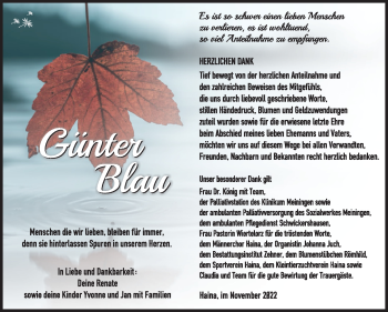 Traueranzeige von Günter Blau von Südthüringer Presse