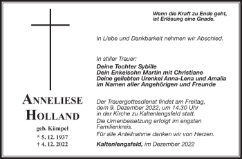 Traueranzeige von Anneliese Holland von Südthüringer Presse