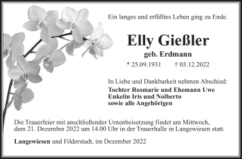 Traueranzeige von Elly Gießler von Südthüringer Presse