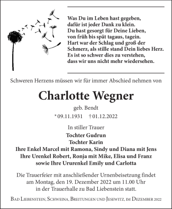 Traueranzeige von Charlotte Wegner von Südthüringer Presse