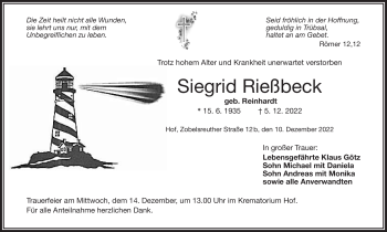 Traueranzeige von Siegrid Rießbeck von Frankenpost