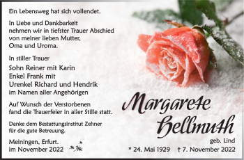 Traueranzeige von Margarete Hellmuth von Südthüringer Presse