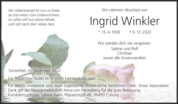 Traueranzeige von Ingrid Winkler von Neue Presse Coburg