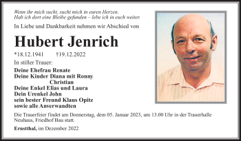 Traueranzeige von Hubert Jenrich von Südthüringer Presse