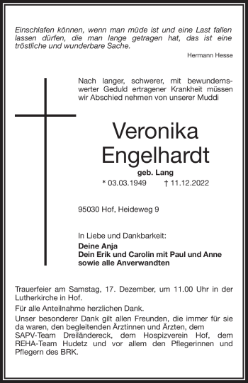 Traueranzeige von Veronika Engelhardt von Frankenpost