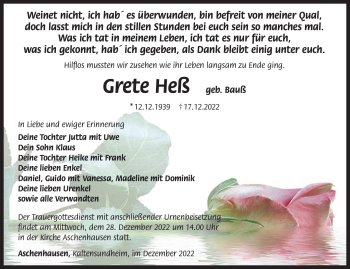 Traueranzeige von Grete Heß von Südthüringer Presse