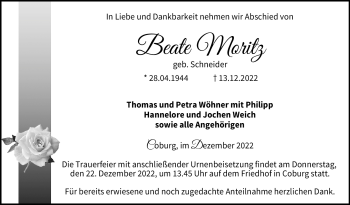 Traueranzeige von Beate Moritz von Neue Presse Coburg