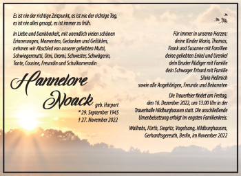 Traueranzeige von Hannelore Noack von Südthüringer Presse