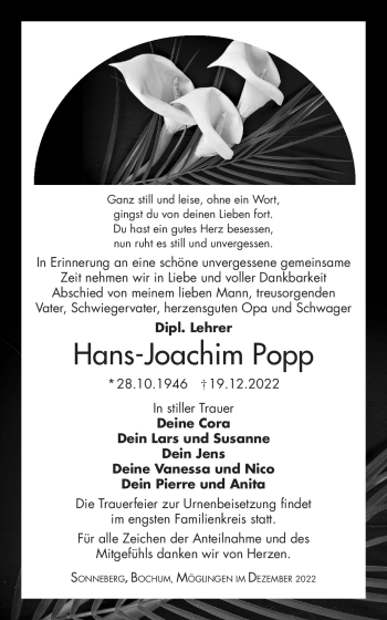 Traueranzeige von Hans-Joachim Popp von Südthüringer Presse