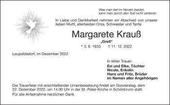 Traueranzeige von Margarete Krauß von Frankenpost
