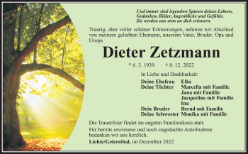 Traueranzeige von Dieter Zetzmann von Südthüringer Presse