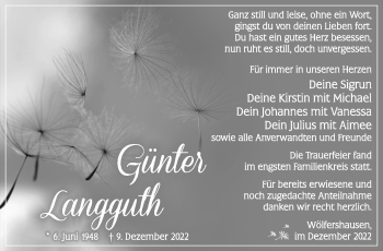 Traueranzeige von Günter Langguth von Südthüringer Presse