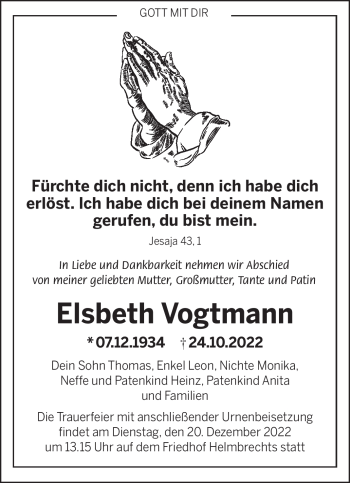 Traueranzeige von Elsbeth Vogtmann von Frankenpost
