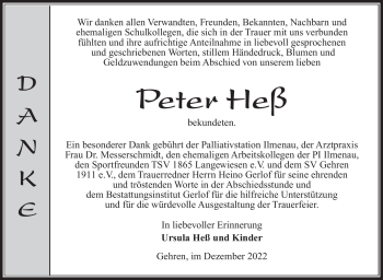 Traueranzeige von Peter Heß von Südthüringer Presse
