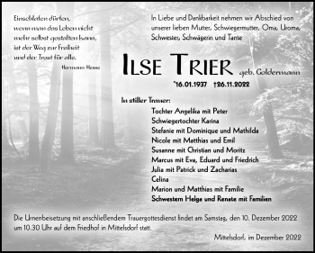 Traueranzeige von Ilse Trier von Südthüringer Presse