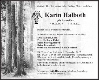 Traueranzeige von Karin Halboth von Südthüringer Presse