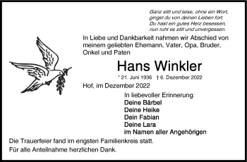 Traueranzeige von Hans Winkler von Frankenpost