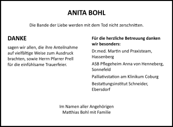 Traueranzeige von Anita Bohl von Neue Presse Coburg