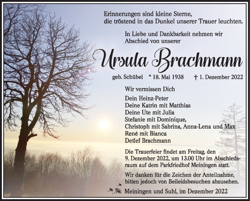  Traueranzeige für Ursula Brachmann vom 06.12.2022 aus Südthüringer Presse