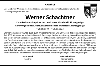 Traueranzeige von Werner Schachtner von Frankenpost