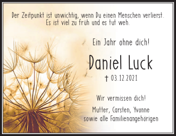Traueranzeige von Daniel Luck von Südthüringer Presse