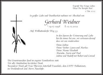 Traueranzeige von Gerhard Weidner von Frankenpost