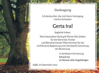 Traueranzeige von Gerta Iral von Südthüringer Presse